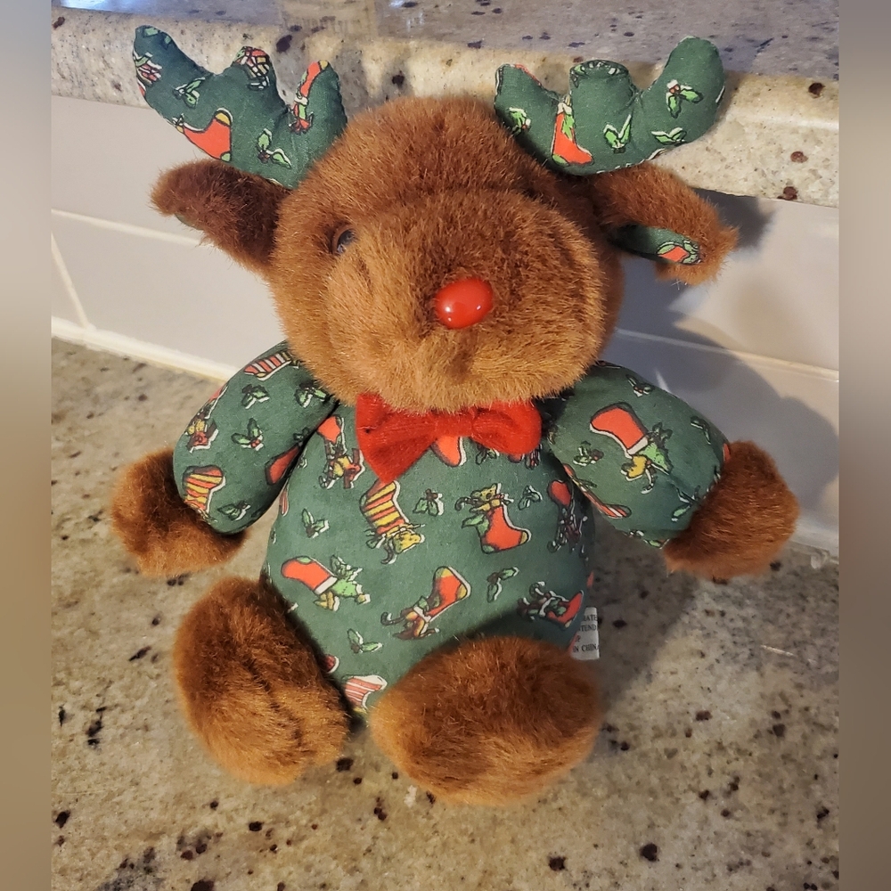 Vintage 11" Christmas Reindeer Plush Stuffed Animal Green and Red - Picture 1 of 6